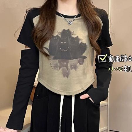 FA50834# 纯棉罗纹设计撞色插肩割破长袖T恤 服裝批發女裝批發服飾貨源