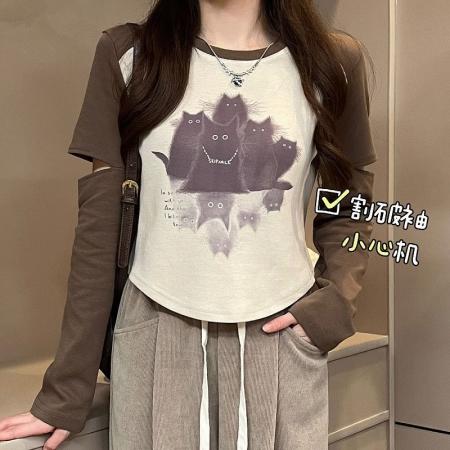 FA50834# 纯棉罗纹设计撞色插肩割破长袖T恤 服裝批發女裝批發服飾貨源