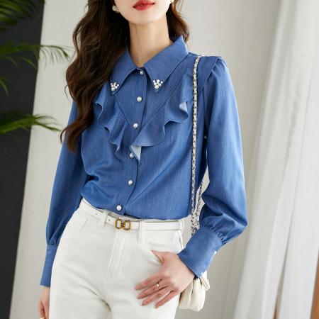 FA50836# 复古荷叶边牛仔长袖衬衫女春装新款减龄泡泡袖上衣 服裝批發女裝批發服飾貨源