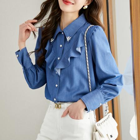 FA50836# 复古荷叶边牛仔长袖衬衫女春装新款减龄泡泡袖上衣 服裝批發女裝批發服飾貨源