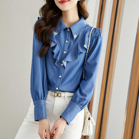 FA50836# 复古荷叶边牛仔长袖衬衫女春装新款减龄泡泡袖上衣 服裝批發女裝批發服飾貨源