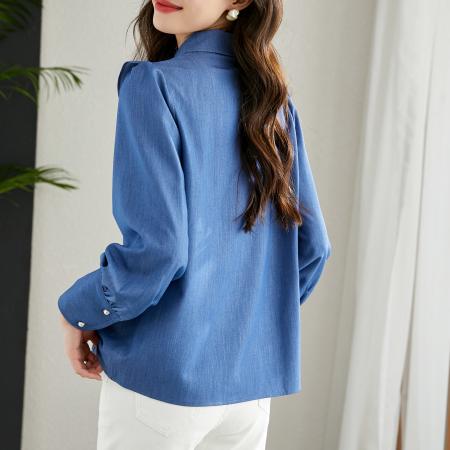 FA50836# 复古荷叶边牛仔长袖衬衫女春装新款减龄泡泡袖上衣 服裝批發女裝批發服飾貨源