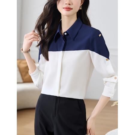 FA50837# 时尚Polo领衬衫女春装新款撞色简约百搭显瘦拼接雪纺 服裝批發女裝批發服飾貨源