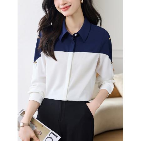 FA50837# 时尚Polo领衬衫女春装新款撞色简约百搭显瘦拼接雪纺 服裝批發女裝批發服飾貨源