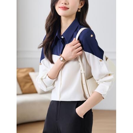 FA50837# 时尚Polo领衬衫女春装新款撞色简约百搭显瘦拼接雪纺 服裝批發女裝批發服飾貨源