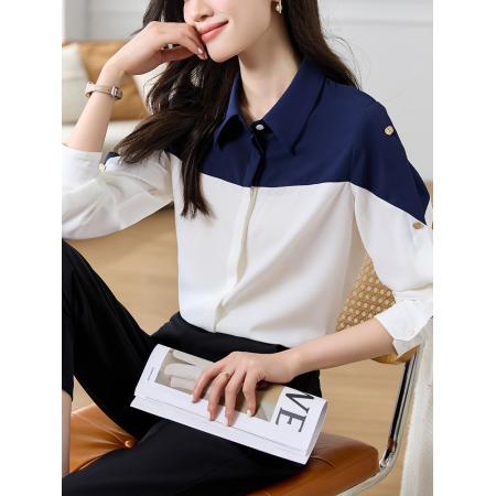 FA50837# 时尚Polo领衬衫女春装新款撞色简约百搭显瘦拼接雪纺 服裝批發女裝批發服飾貨源