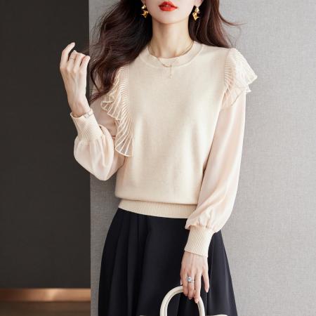 FA50840# 杏色拼接雪纺...