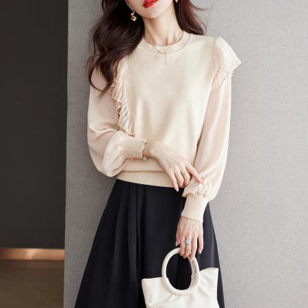 FA50840# 杏色拼接雪纺长袖荷叶边针织上衣洋气时髦小衫 服裝批發女裝批發服飾貨源