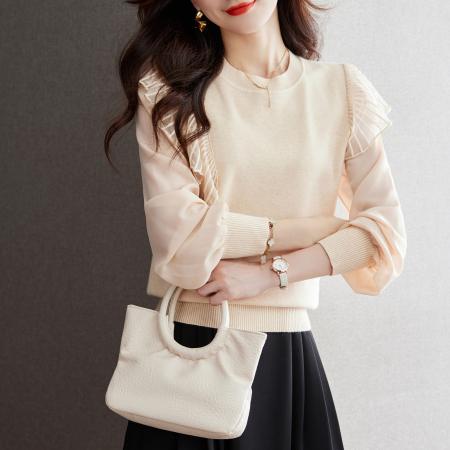 FA50840# 杏色拼接雪纺长袖荷叶边针织上衣洋气时髦小衫 服裝批發女裝批發服飾貨源