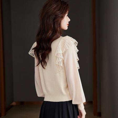 FA50840# 杏色拼接雪纺长袖荷叶边针织上衣洋气时髦小衫 服裝批發女裝批發服飾貨源