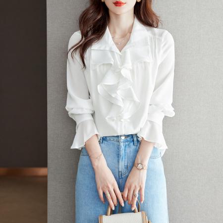 FA50841# V领白色雪纺衫女春款复古宫廷风韩国欧货荷叶边衬衣 服裝批發女裝批發服飾貨源