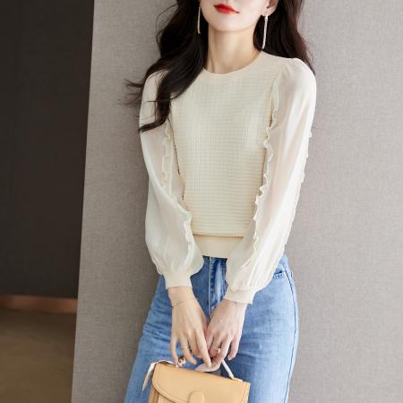 FA50842# 韩系拼接长袖针织衫女春款修身显瘦荷叶边别致上衣 服裝批發女裝批發服飾貨源