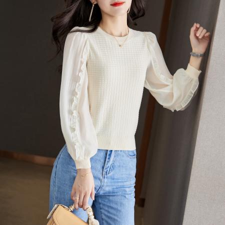 FA50842# 韩系拼接长袖针织衫女春款修身显瘦荷叶边别致上衣 服裝批發女裝批發服飾貨源