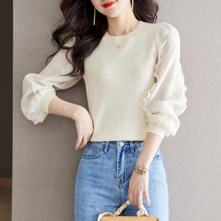 FA50842# 韩系拼接长袖针织衫女春款修身显瘦荷叶边别致上衣 服裝批發女裝批發服飾貨源