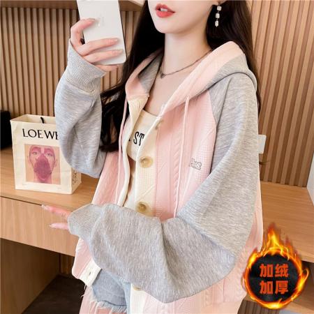 FA50843# 冬装韩版宽松绣花华棉插色提花连帽开衫加绒加厚卫衣女 服裝批發女裝批發服飾貨源