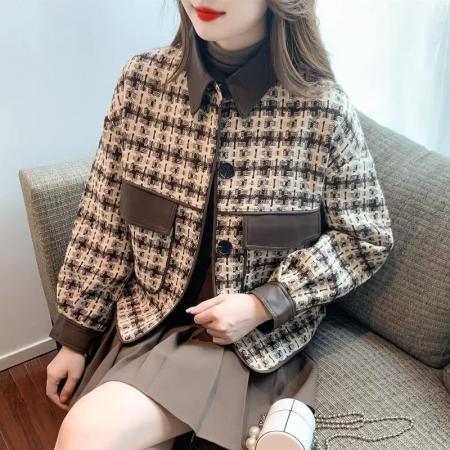 FA50845# 小香风千鸟格外套女秋冬新款复古拼接设计感短款宽松长袖上衣 服裝批發女裝批發服飾貨源