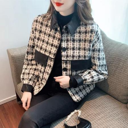 FA50845# 小香风千鸟格外套女秋冬新款复古拼接设计感短款宽松长袖上衣 服裝批發女裝批發服飾貨源