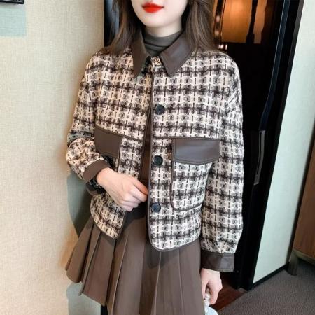 FA50845# 小香风千鸟格外套女秋冬新款复古拼接设计感短款宽松长袖上衣 服裝批發女裝批發服飾貨源