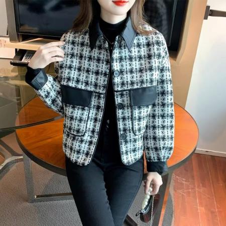 FA50845# 小香风千鸟格外套女秋冬新款复古拼接设计感短款宽松长袖上衣 服裝批發女裝批發服飾貨源