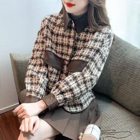 FA50845# 小香风千鸟格外套女秋冬新款复古拼接设计感短款宽松长袖上衣 服裝批發女裝批發服飾貨源