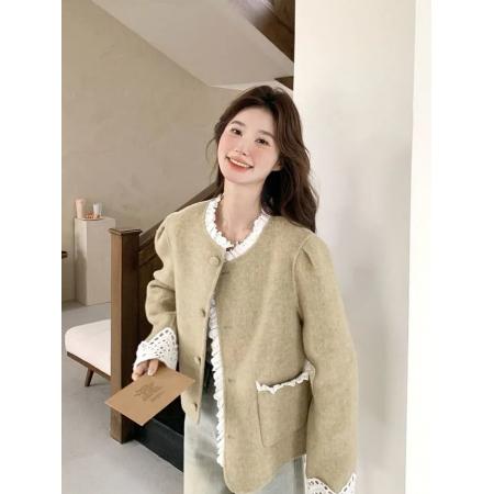 FA50848# 轻奢显瘦气质名媛蕾丝拼接羊毛呢子短外套上衣女春新款小个子 服裝批發女裝批發服飾貨源
