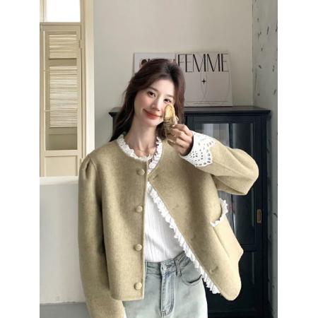 FA50848# 轻奢显瘦气质名媛蕾丝拼接羊毛呢子短外套上衣女春新款小个子 服裝批發女裝批發服飾貨源