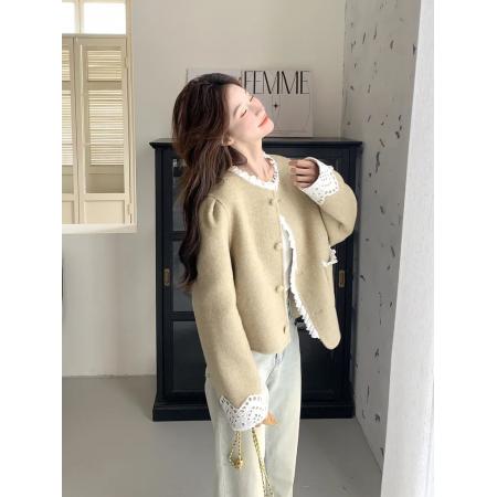 FA50848# 轻奢显瘦气质名媛蕾丝拼接羊毛呢子短外套上衣女春新款小个子 服裝批發女裝批發服飾貨源