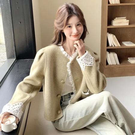 FA50848# 轻奢显瘦气质名媛蕾丝拼接羊毛呢子短外套上衣女春新款小个子 服裝批發女裝批發服飾貨源