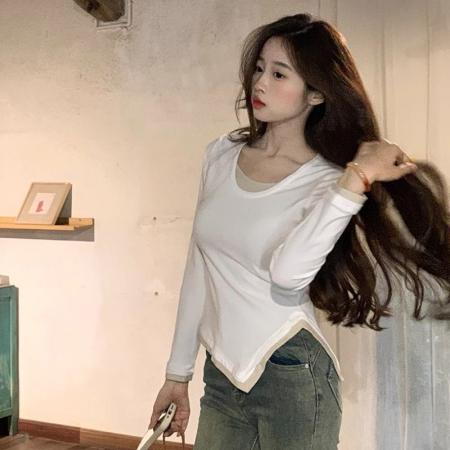 FA50850# 假两件长袖t恤女秋季新款不规则设计感内搭修身打底衫上衣服ins潮 服裝批發女裝批發服飾貨源