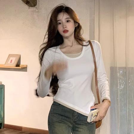 FA50850# 假两件长袖t恤女秋季新款不规则设计感内搭修身打底衫上衣服ins潮 服裝批發女裝批發服飾貨源
