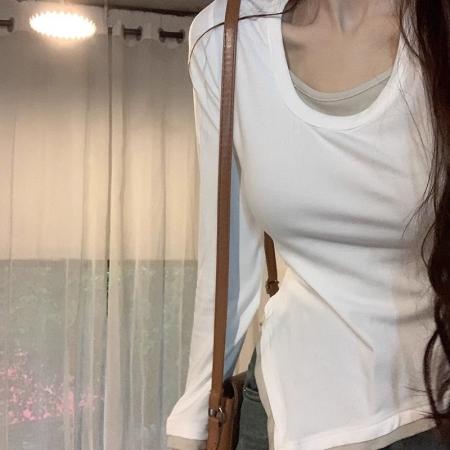 FA50850# 假两件长袖t恤女秋季新款不规则设计感内搭修身打底衫上衣服ins潮 服裝批發女裝批發服飾貨源