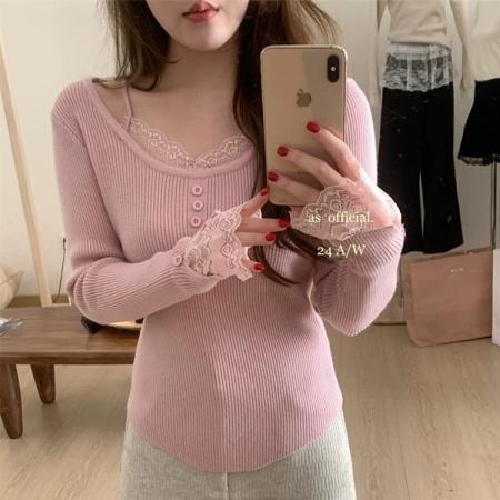 FA50854# 法式温柔风毛衣厚度秋冬保命内搭版型巨嗲蕾丝假两件设计针织衫 服裝批發女裝批發服飾貨源