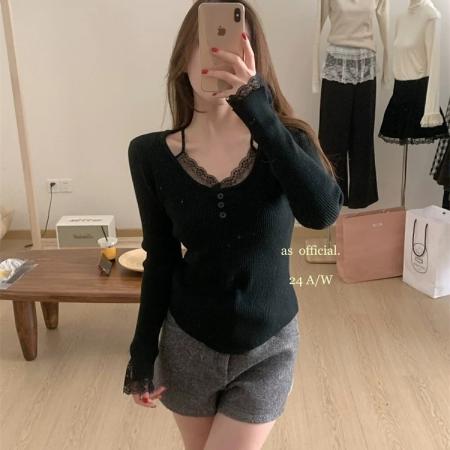 FA50854# 法式温柔风毛衣厚度秋冬保命内搭版型巨嗲蕾丝假两件设计针织衫 服裝批發女裝批發服飾貨源