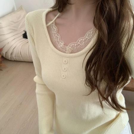 FA50854# 法式温柔风毛衣厚度秋冬保命内搭版型巨嗲蕾丝假两件设计针织衫 服裝批發女裝批發服飾貨源