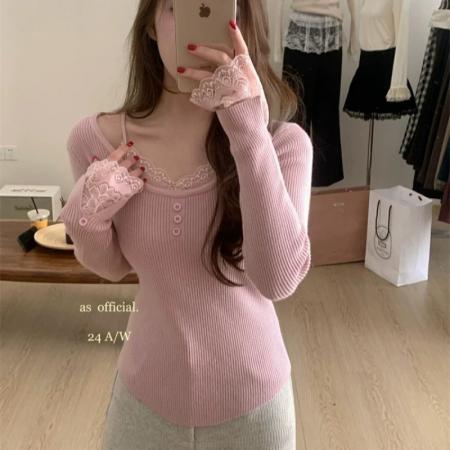 FA50854# 法式温柔风毛衣厚度秋冬保命内搭版型巨嗲蕾丝假两件设计针织衫 服裝批發女裝批發服飾貨源
