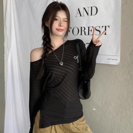 FA50857# 韩系气质不规则斜领露肩上衣女秋季宽松外搭防晒长袖T恤 服裝批發女裝批發服飾貨源