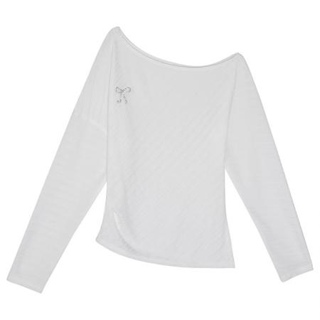 FA50857# 韩系气质不规则斜领露肩上衣女秋季宽松外搭防晒长袖T恤 服裝批發女裝批發服飾貨源