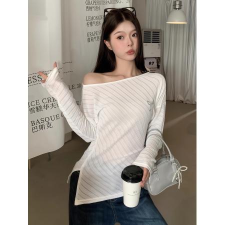 FA50857# 韩系气质不规则斜领露肩上衣女秋季宽松外搭防晒长袖T恤 服裝批發女裝批發服飾貨源