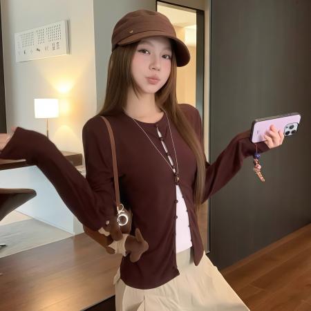 FA50858# 人棉咖拼粉复古假两件内搭打底衫t恤女早秋 服裝批發女裝批發服飾貨源