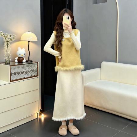 FA50859# 冬季穿搭一整套大码胖mm打底衫马甲半身裙富家千金温柔三件套装女 服裝批發女裝批發服飾貨源