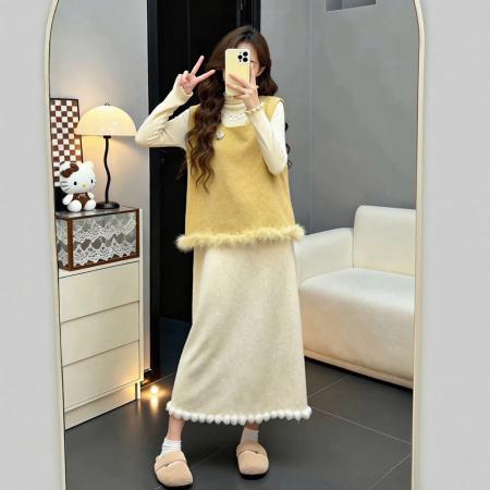 FA50859# 冬季穿搭一整套大码胖mm打底衫马甲半身裙富家千金温柔三件套装女 服裝批發女裝批發服飾貨源