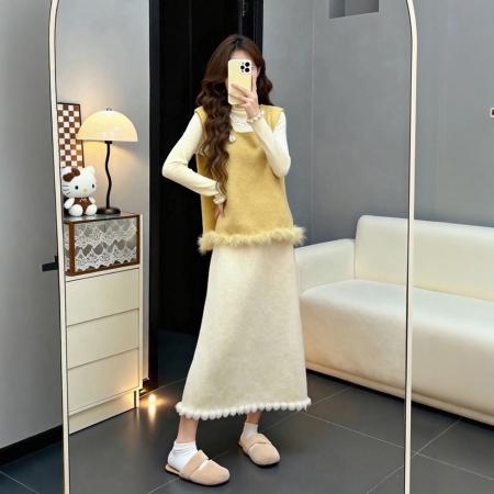 FA50859# 冬季穿搭一整套大码胖mm打底衫马甲半身裙富家千金温柔三件套装女 服裝批發女裝批發服飾貨源