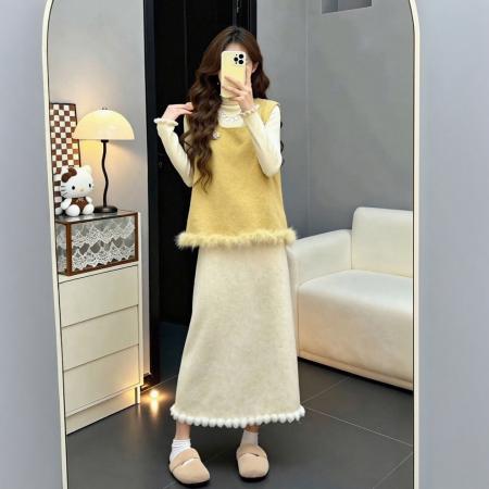 FA50859# 冬季穿搭一整套大码胖mm打底衫马甲半身裙富家千金温柔三件套装女 服裝批發女裝批發服飾貨源