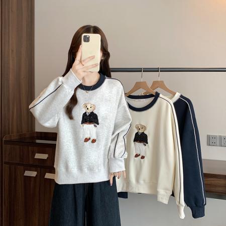 FA50866# 秋装新款胖大码女撞色减龄卡通刺绣长袖套头卫衣上衣 服裝批發女裝批發服飾貨源