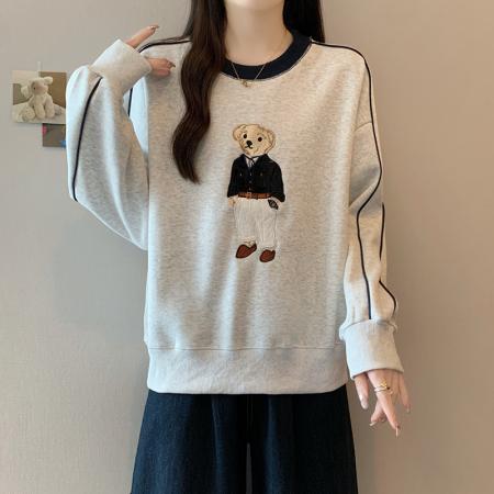 FA50866# 秋装新款胖大码女撞色减龄卡通刺绣长袖套头卫衣上衣 服裝批發女裝批發服飾貨源