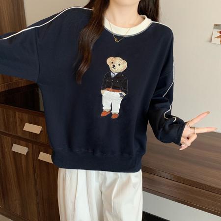 FA50866# 秋装新款胖大码女撞色减龄卡通刺绣长袖套头卫衣上衣 服裝批發女裝批發服飾貨源