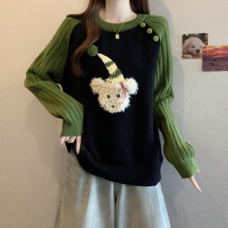 FA50867# 大码秋冬新款绿色慵懒风套头宽松毛衣胖mm减龄显瘦针织上衣 服裝批發女裝批發服飾貨源