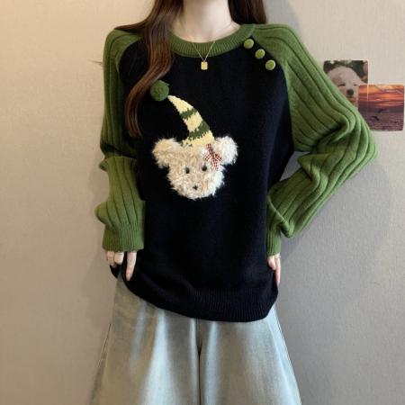 FA50867# 大码秋冬新款绿色慵懒风套头宽松毛衣胖mm减龄显瘦针织上衣 服裝批發女裝批發服飾貨源