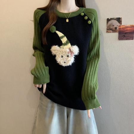 FA50867# 大码秋冬新款绿色慵懒风套头宽松毛衣胖mm减龄显瘦针织上衣 服裝批發女裝批發服飾貨源