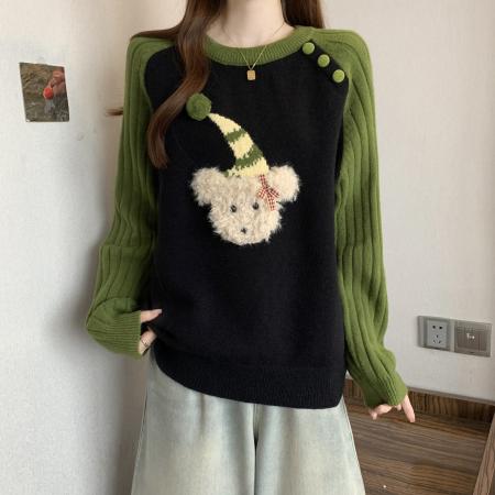 FA50867# 大码秋冬新款绿色慵懒风套头宽松毛衣胖mm减龄显瘦针织上衣 服裝批發女裝批發服飾貨源